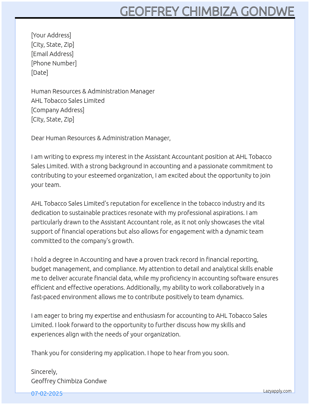 Assistant Accountant At AHL Tobacco Sales Limited Cover Letter