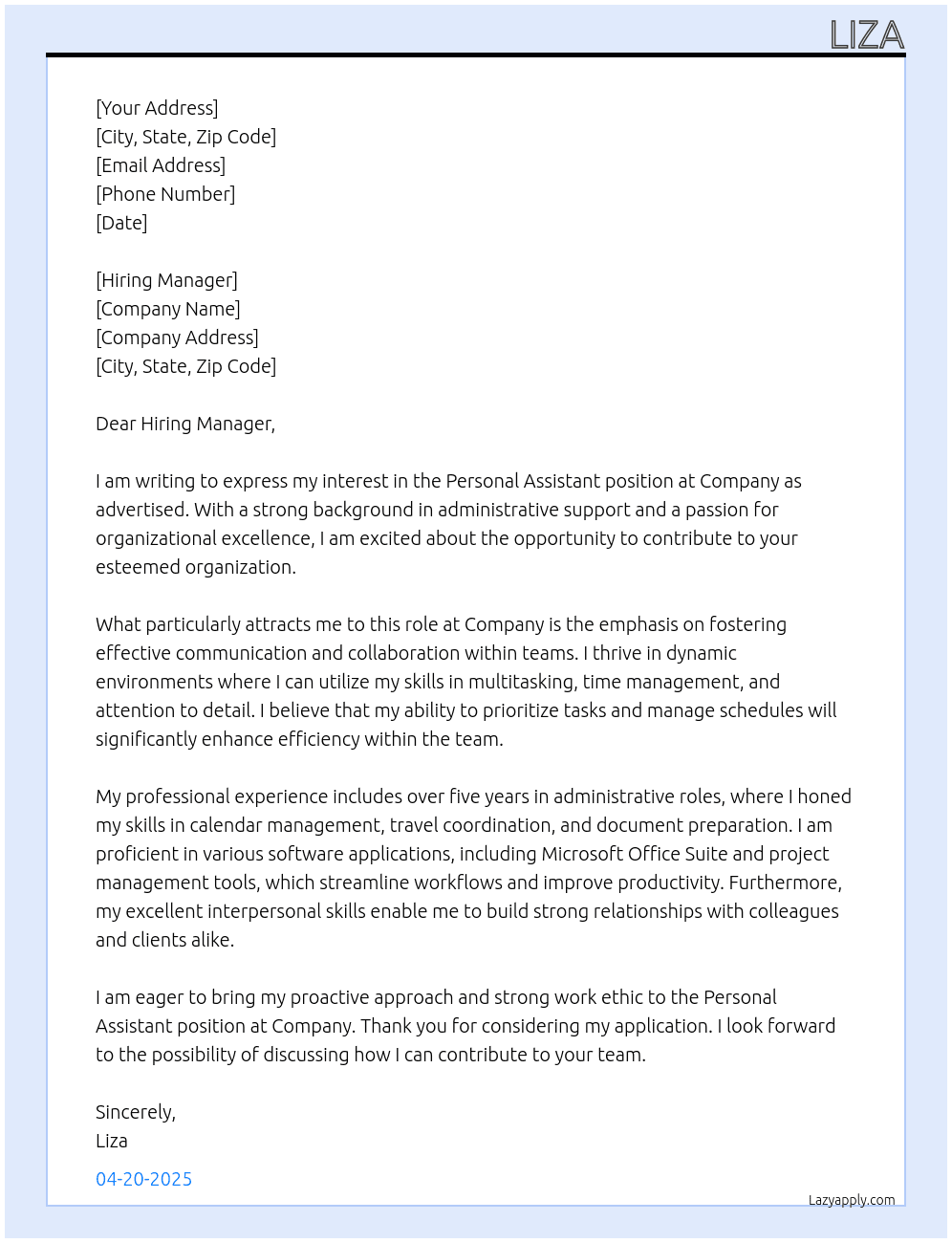 Personal Assistant At Company Cover Letter