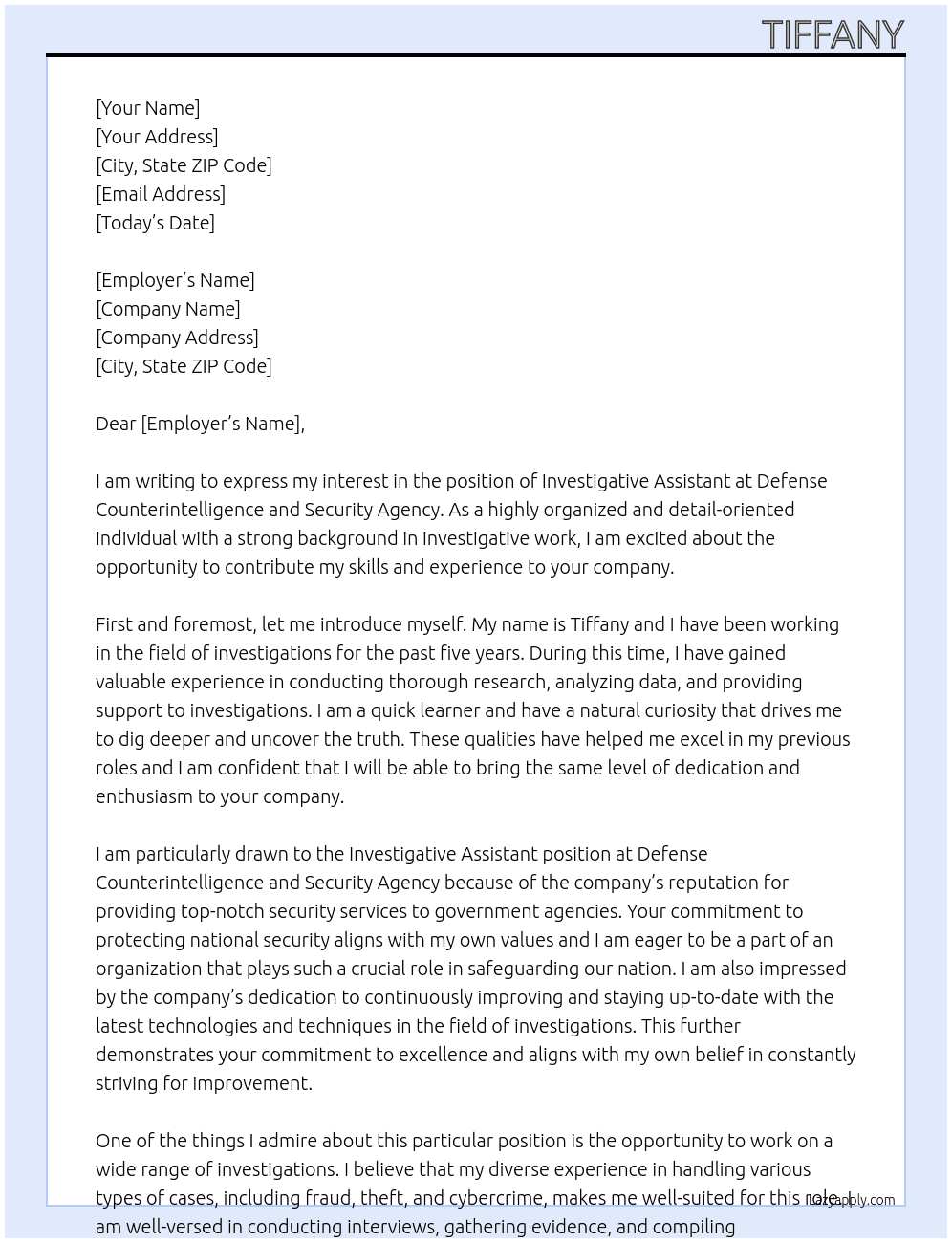 INVESTIGATIVE ASSISTANT At Defense Counterintelligence and Security Agency Cover Letter