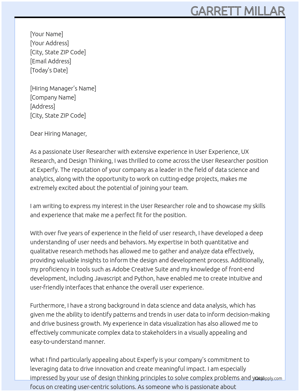 User Researcher At Experfy Cover Letter