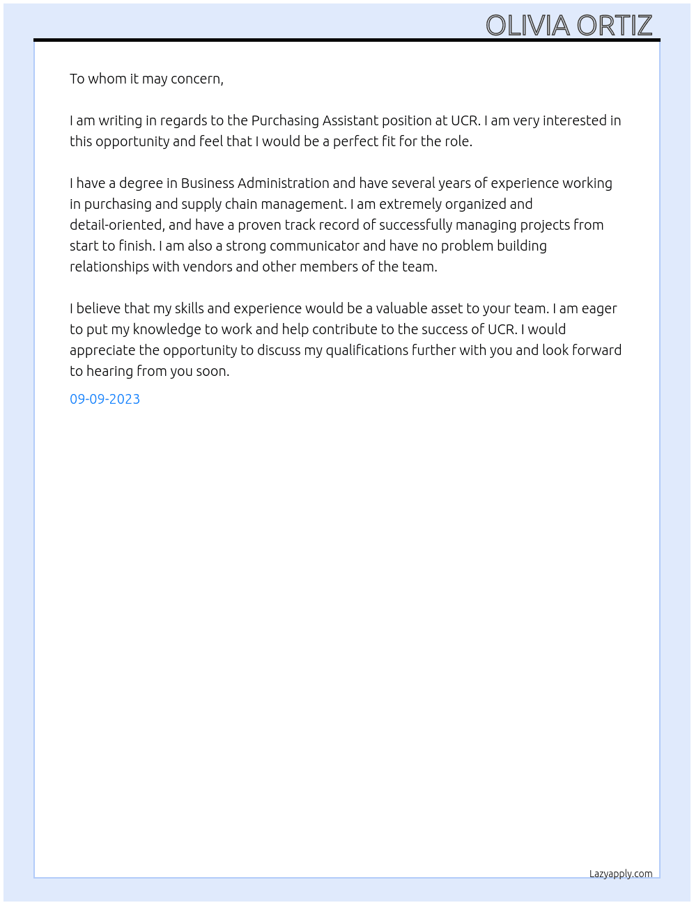 Purchasing assistance  At UCR Cover Letter