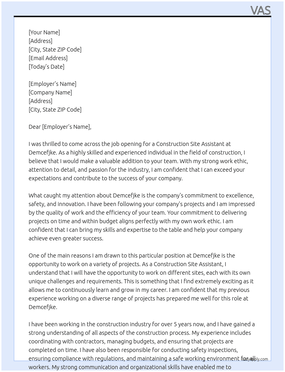 construction site assistant  At demcefjke Cover Letter