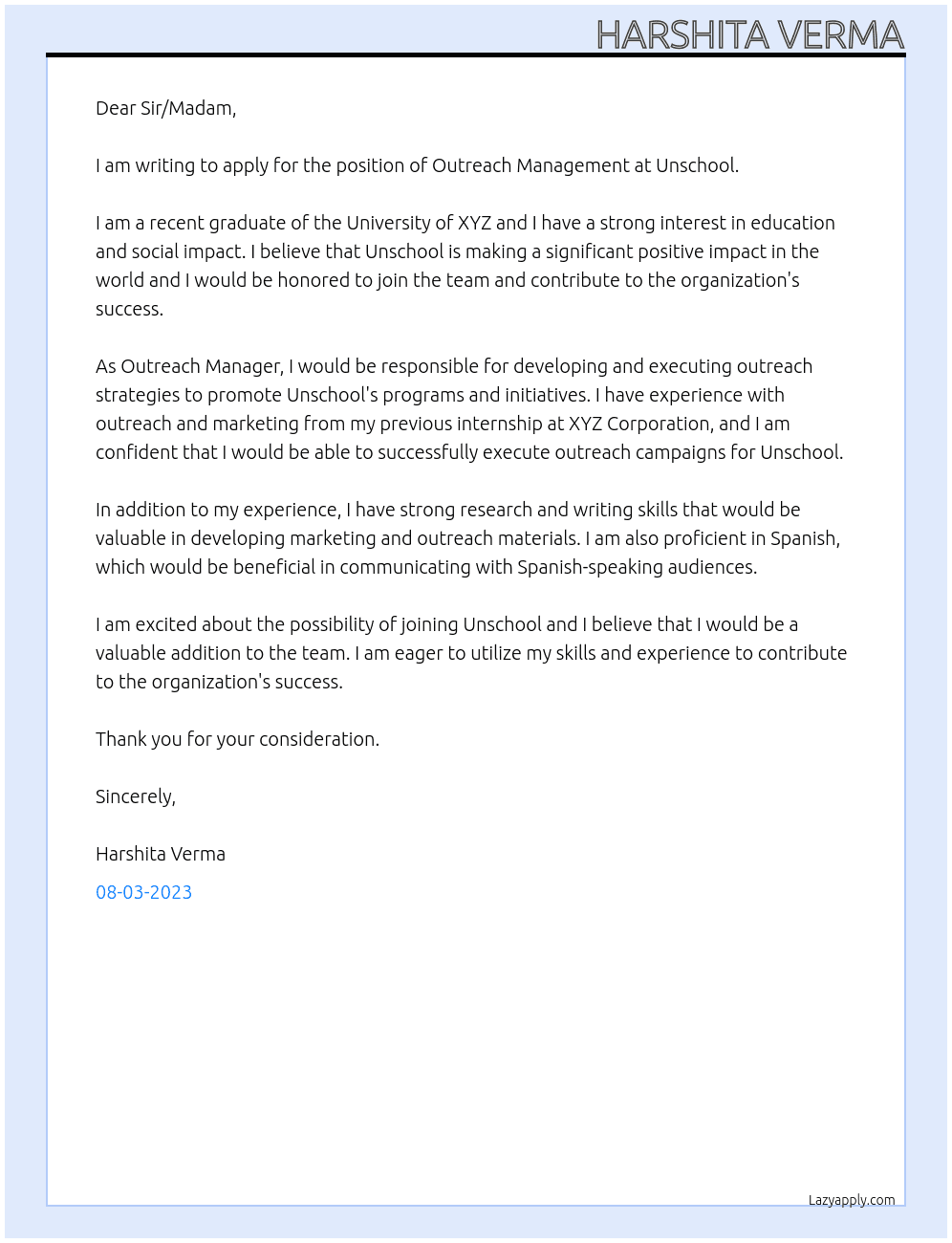 Outreach Management  At Unschool  Cover Letter