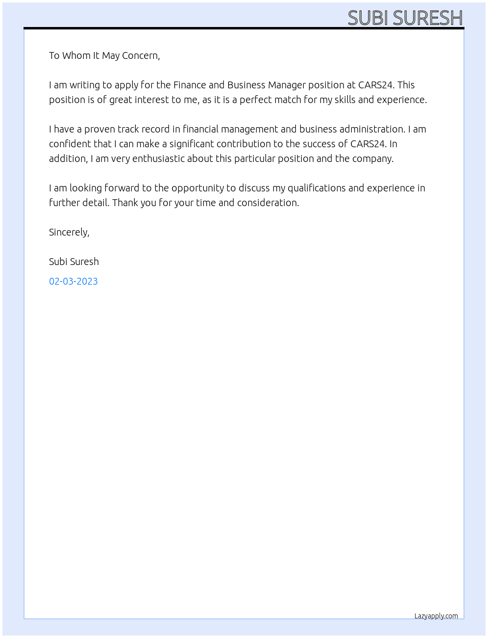 Finance and Business Manager At CARS24 Cover Letter
