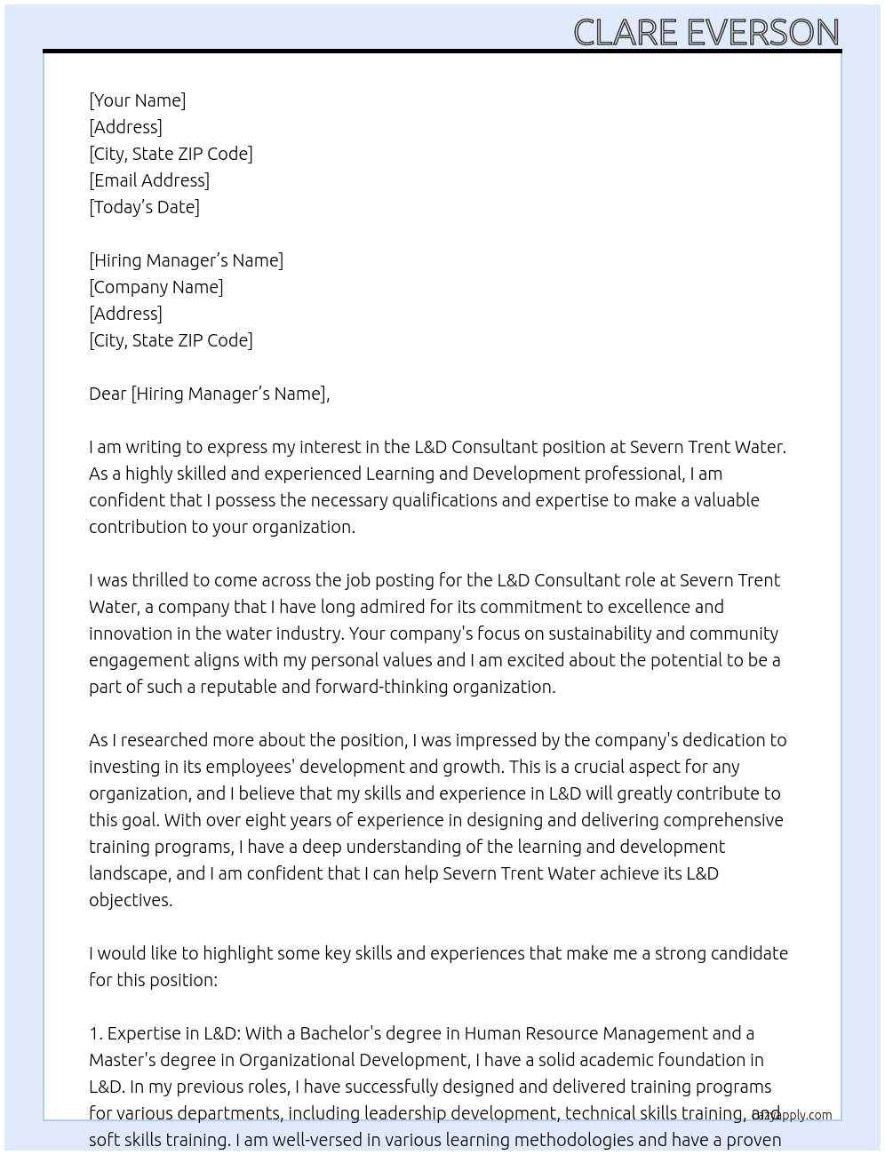 L & D Consultant At Severn Trent Water Cover Letter