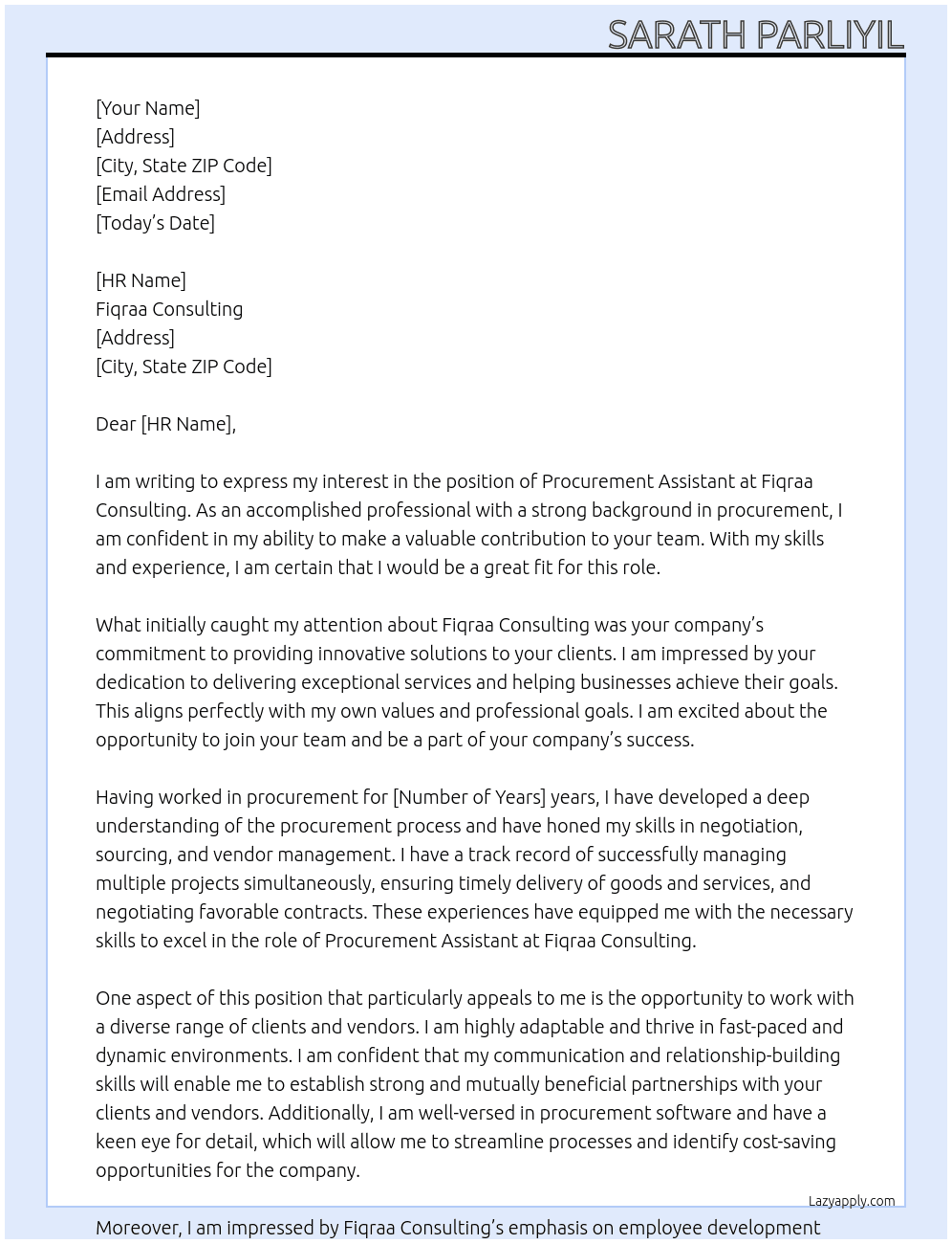 PROCUREMENT ASSISTANT At Fiqraa Consulting Cover Letter