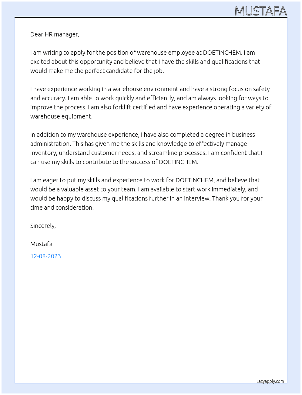 warehouse employee At DOETINCHEM Cover Letter