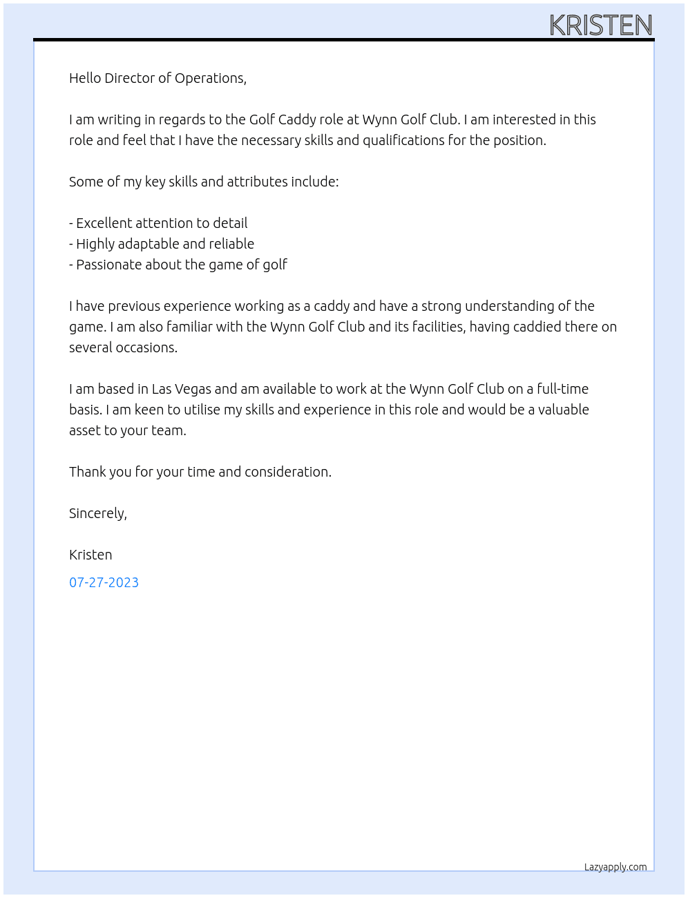 Golf Cady At Wynn Golf Club Cover Letter