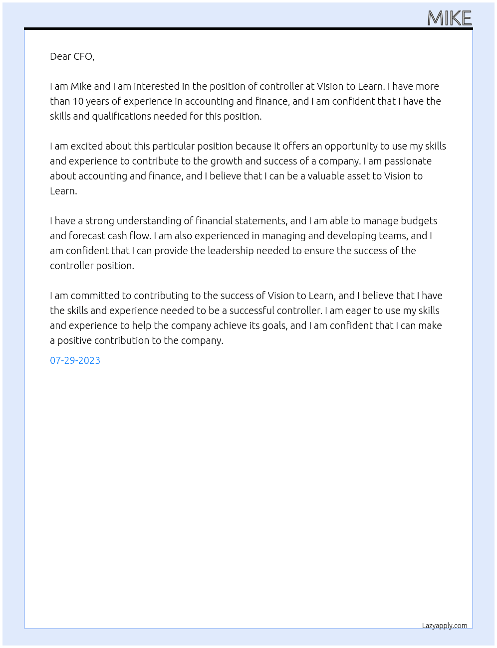 controller At Vision to Learn Cover Letter