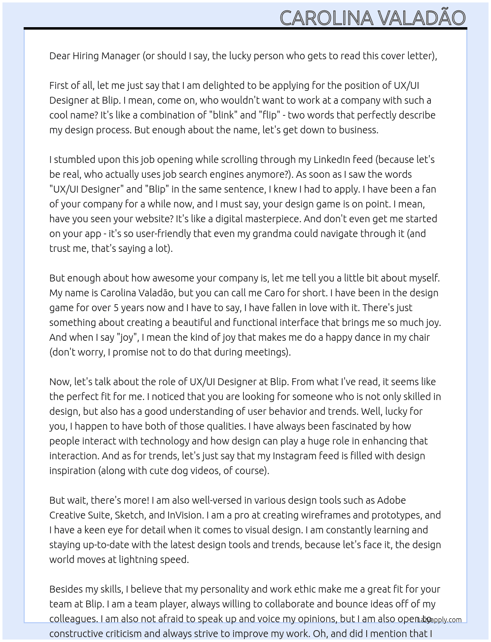 UX/UI Designer At Blip Cover Letter
