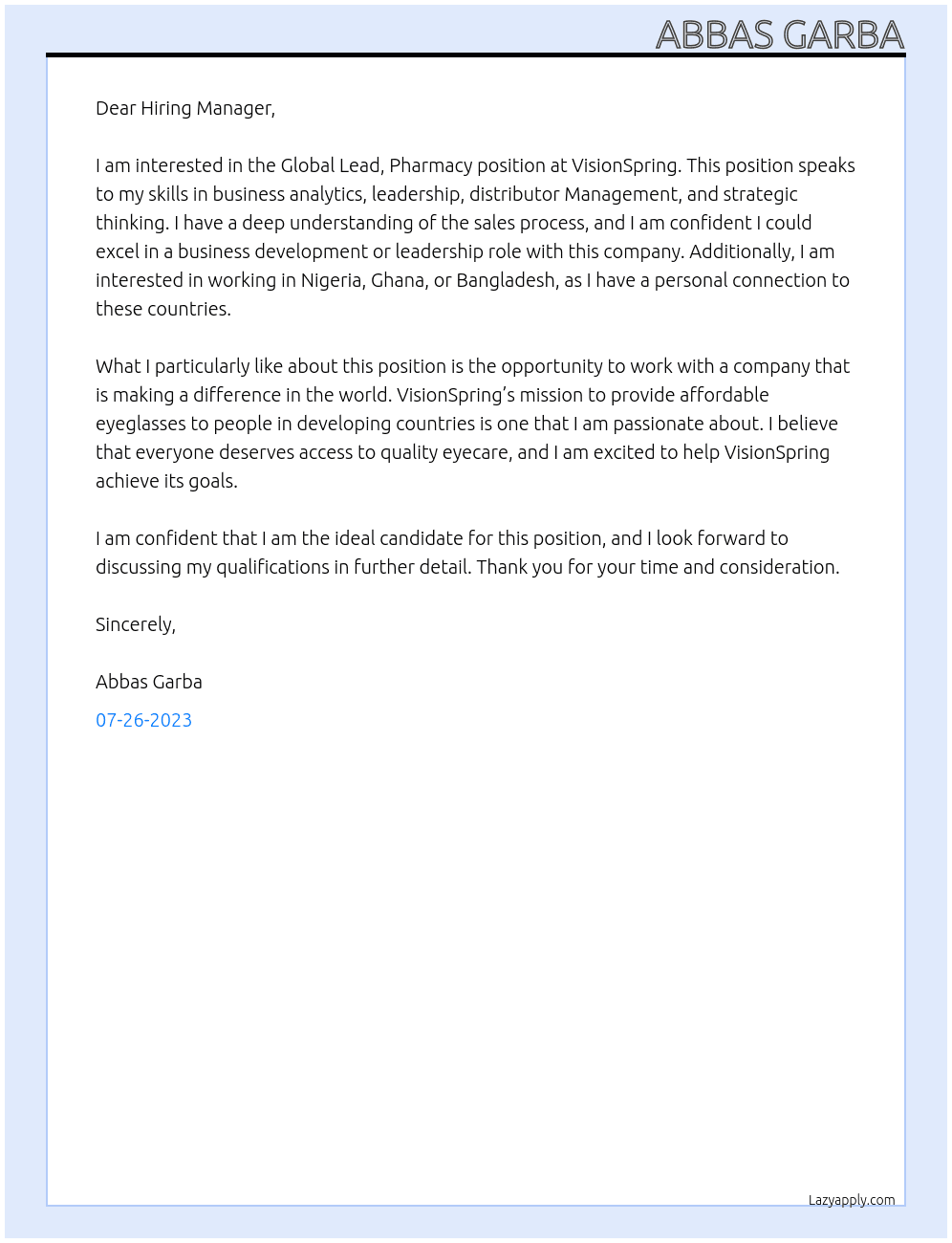Global lead, Pharmacy At VisionSpring Cover Letter
