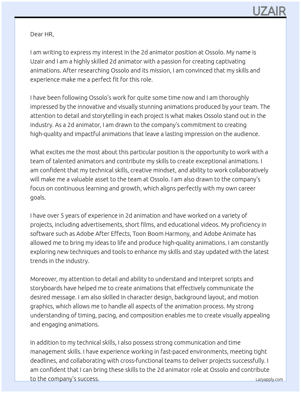 2d animator At Ossolo Cover Letter
