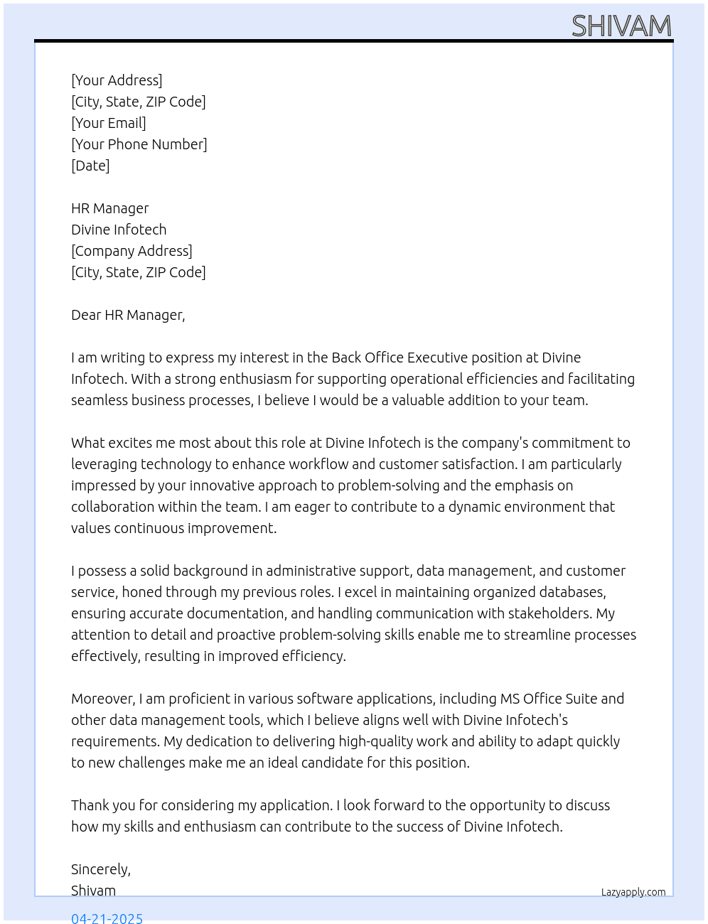 Back office executive  At Divine Infotech Cover Letter