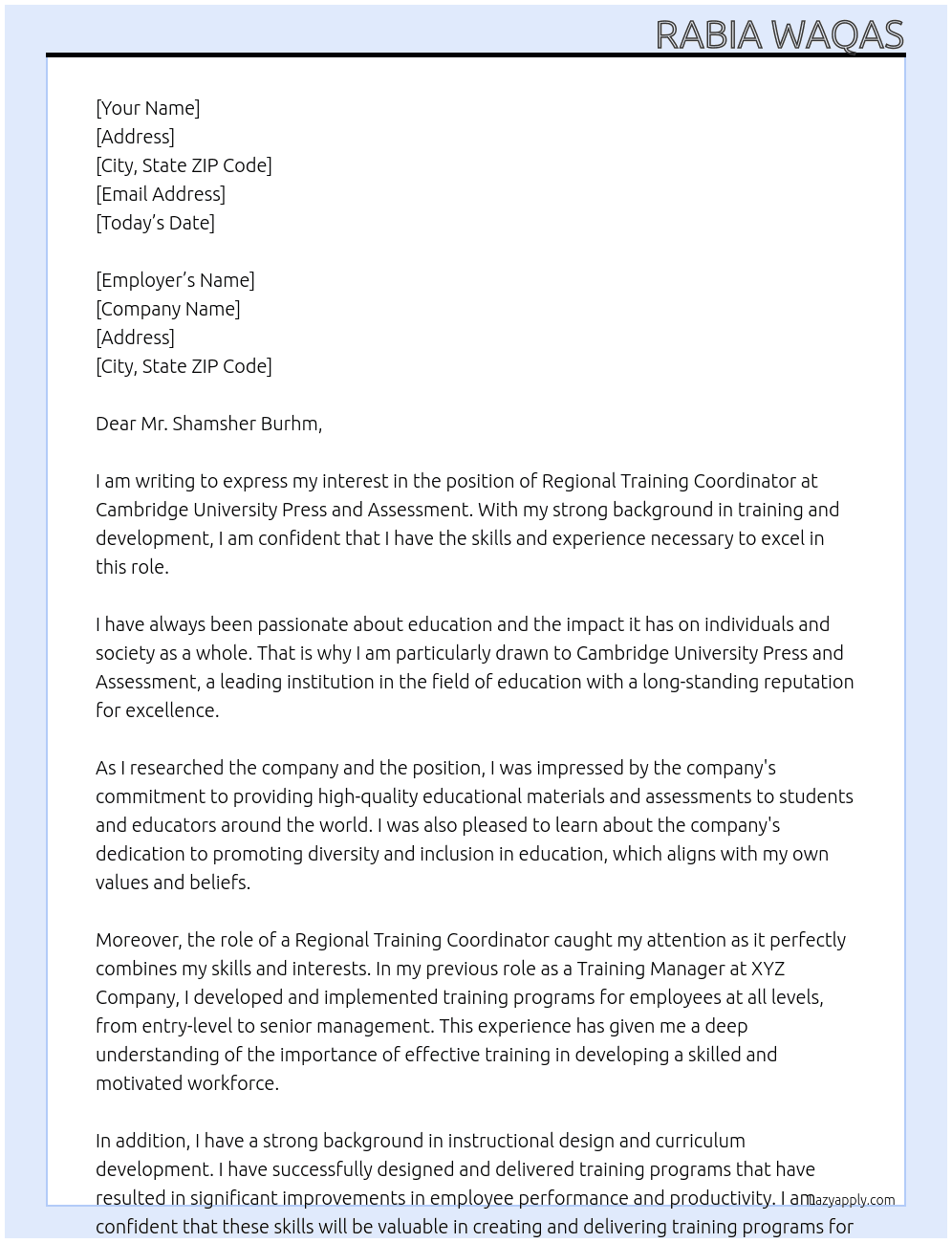 Regional Training Coordinator At Cambridge University Press and Assessment Cover Letter