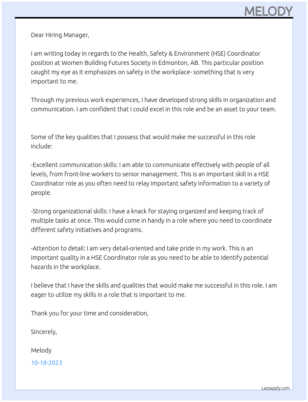 Health, Safety & Environment (HSE) Coordinator At Women Building Futures Society - Edmonton, AB Cover Letter