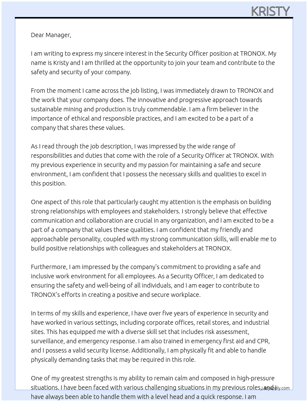 Security officer  At TRONOX Cover Letter