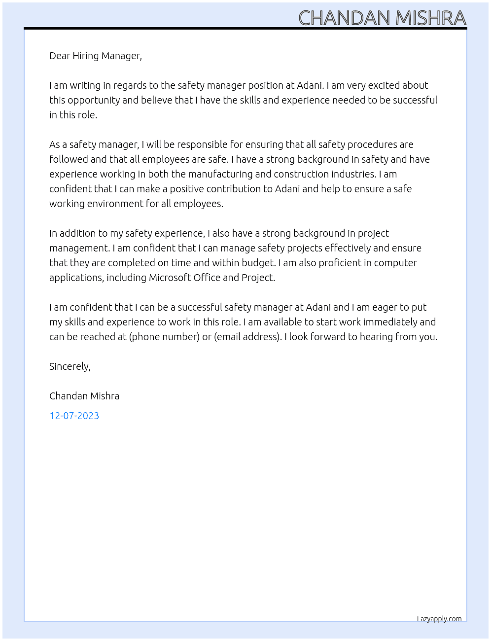 safety manager At adani Cover Letter