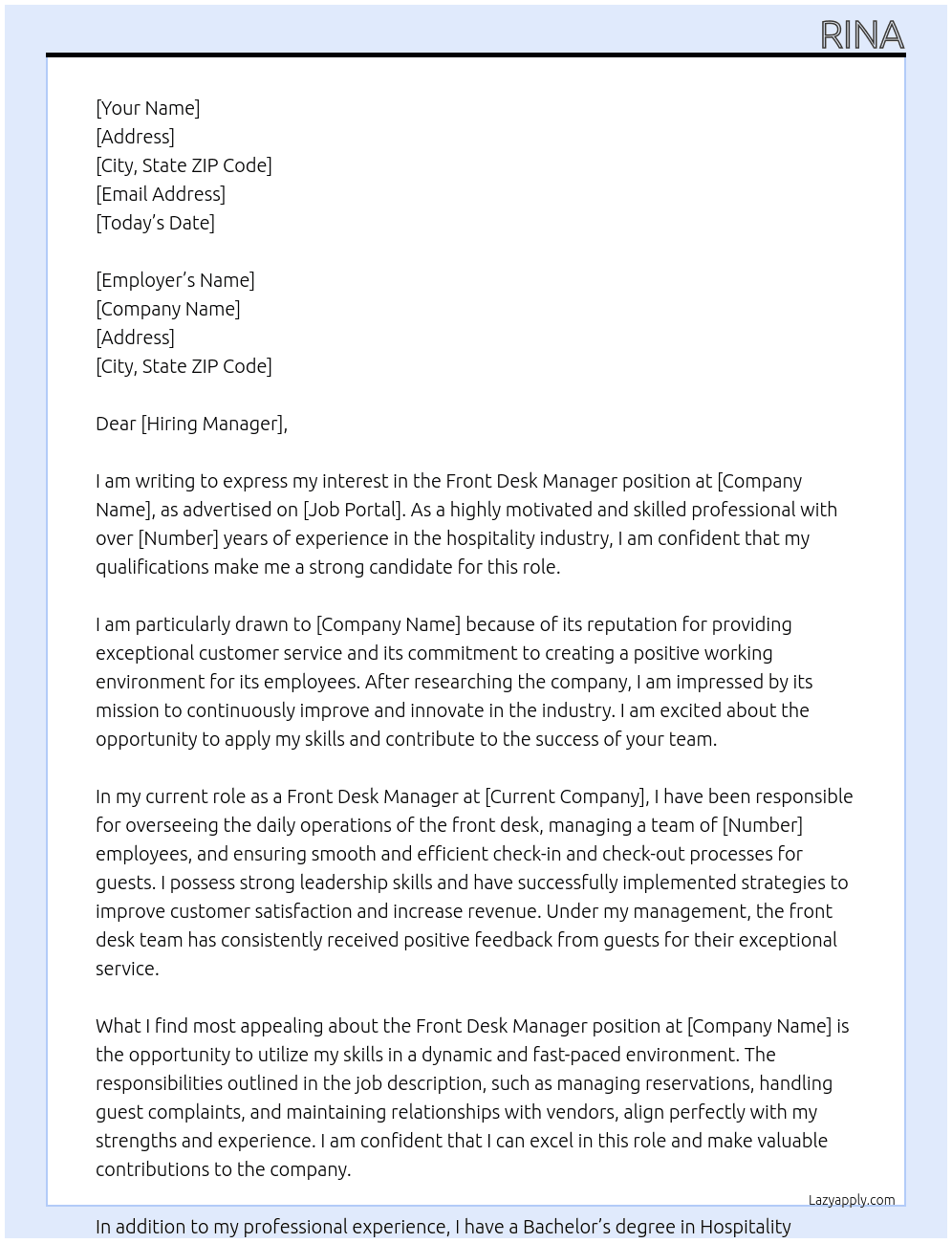 Front desk manager At Office manager Cover Letter