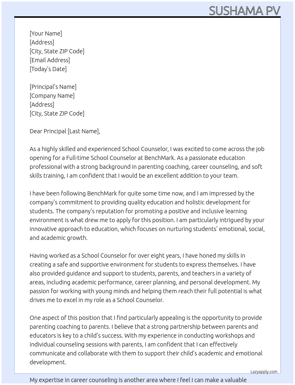 School counselor At BenchMark Cover Letter