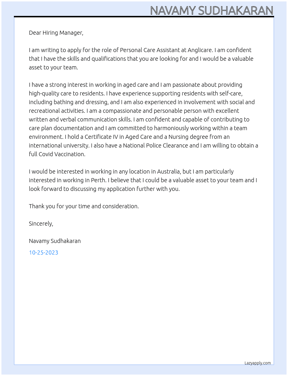 Personal care assistant At Anglicare Cover Letter