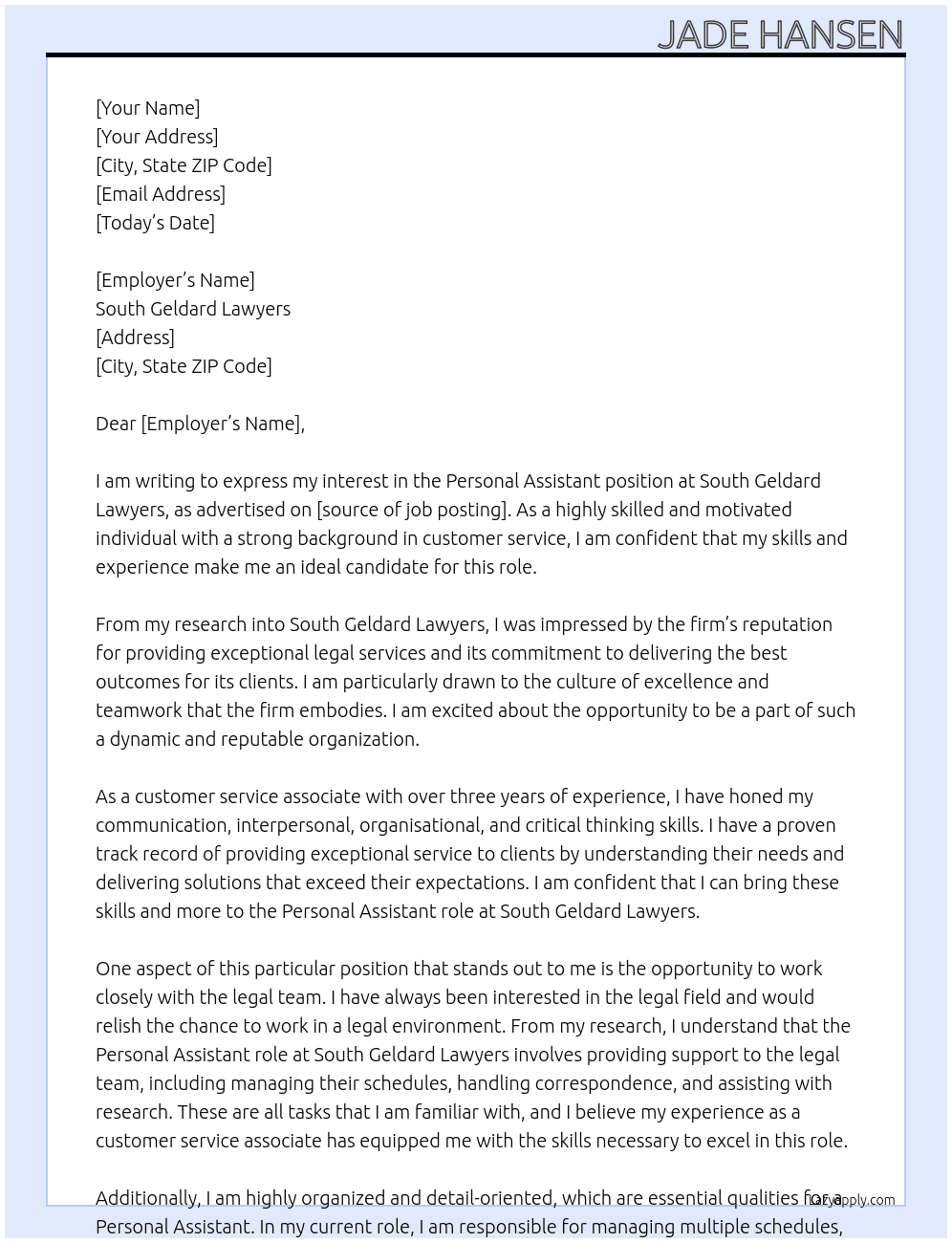 Personal Assistant At South Geldard Lawyers Cover Letter