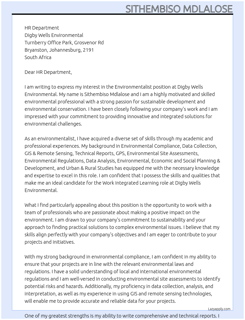 Environmentalist At Digby Wells Environmental Cover Letter