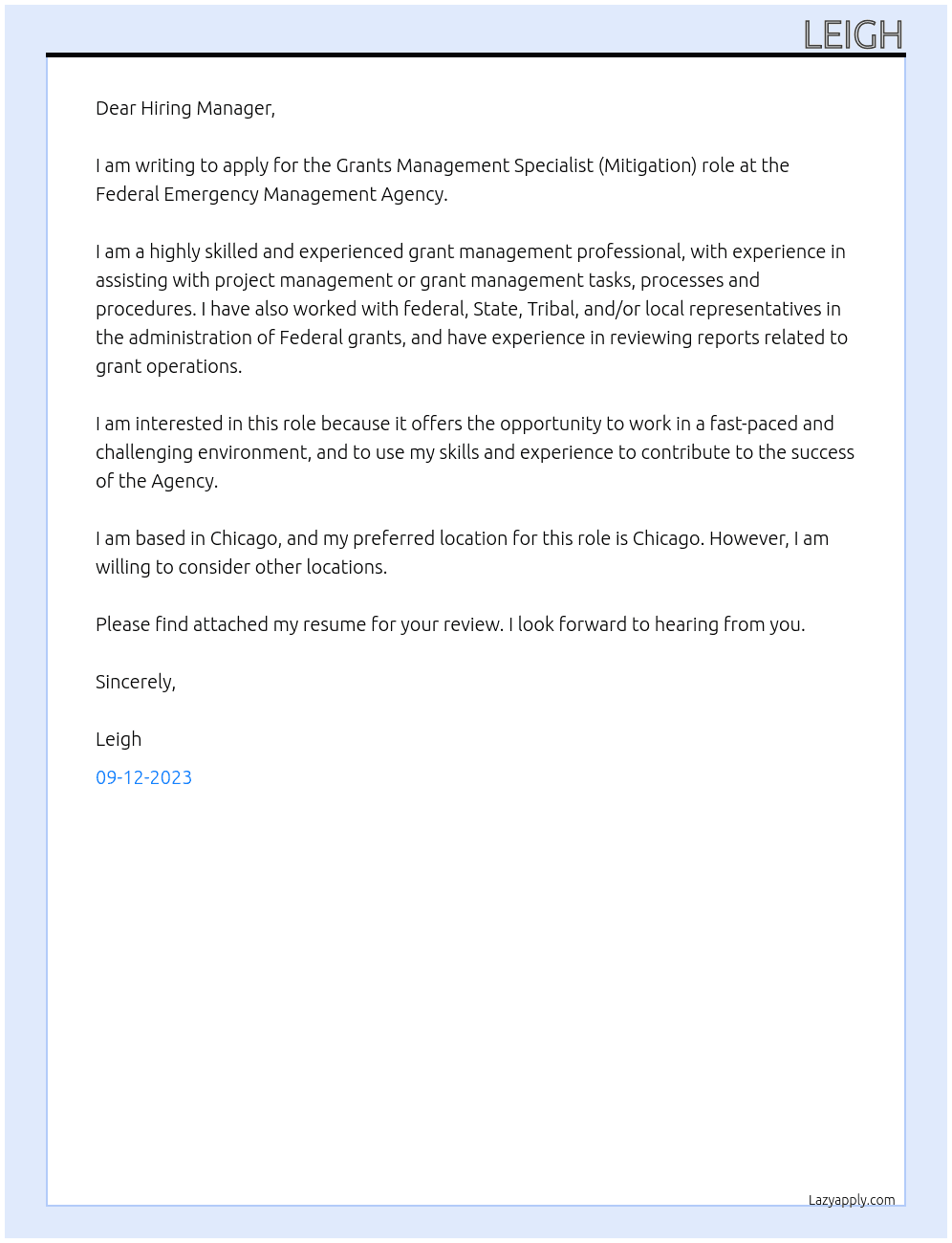Grants Management Specialist (Mitigation) At Federal Emergency Management Agency Cover Letter