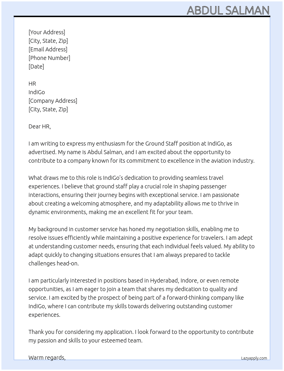 Ground staff At IndiGo  Cover Letter