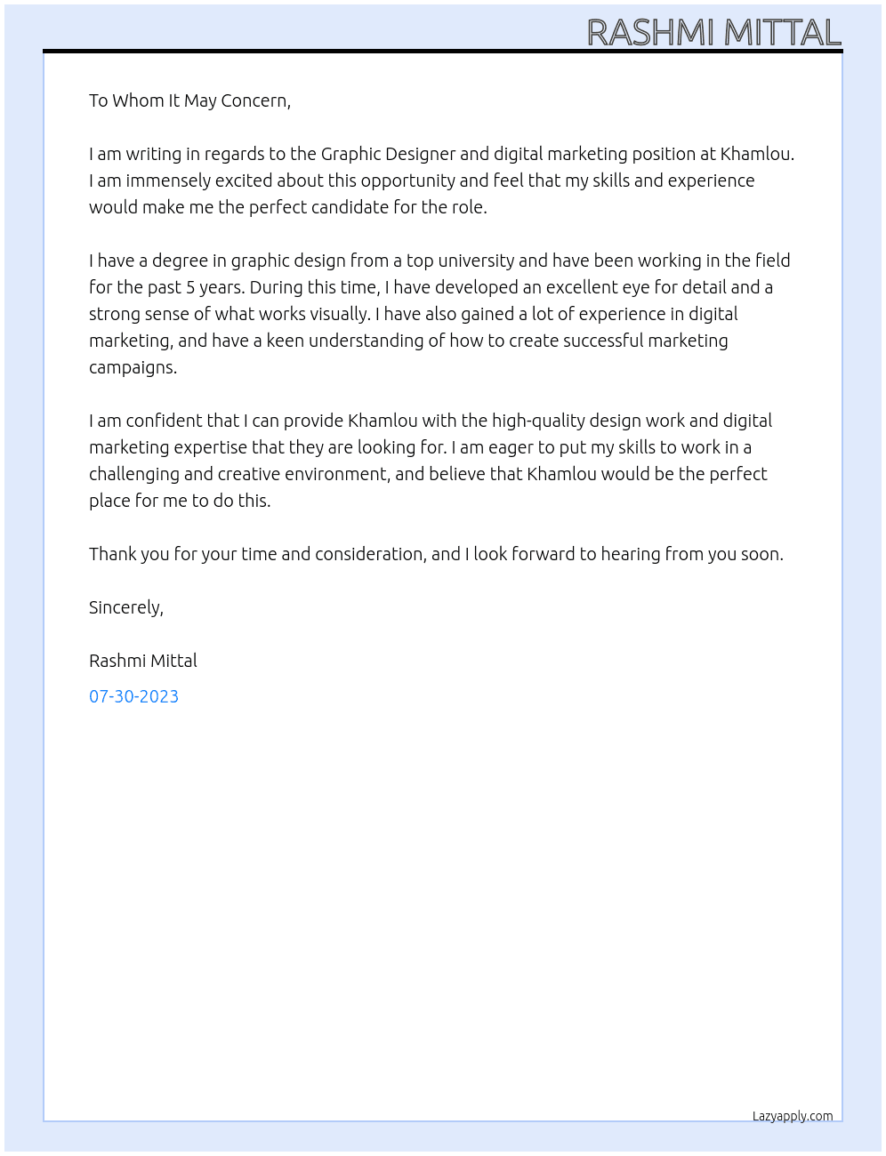 Graphic Designer and digital marketing At Khamlou Cover Letter