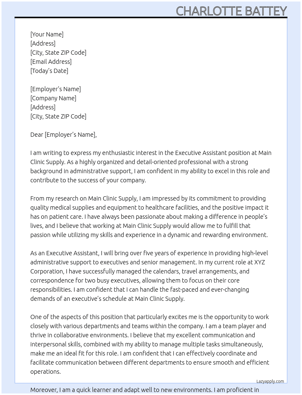 Executive Assistant At Main Clinic Supply Cover Letter
