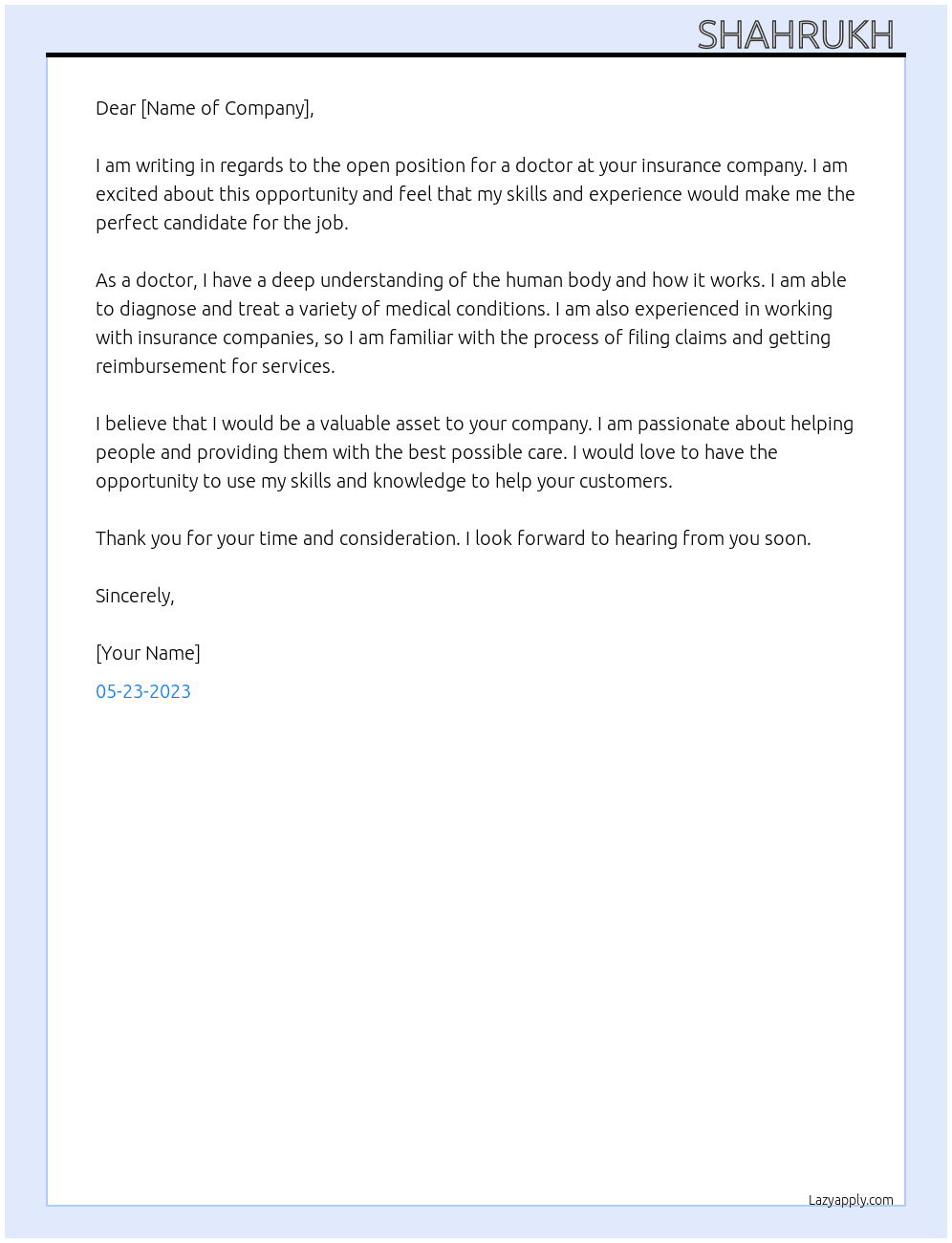 Doctor  At Insurance company  Cover Letter