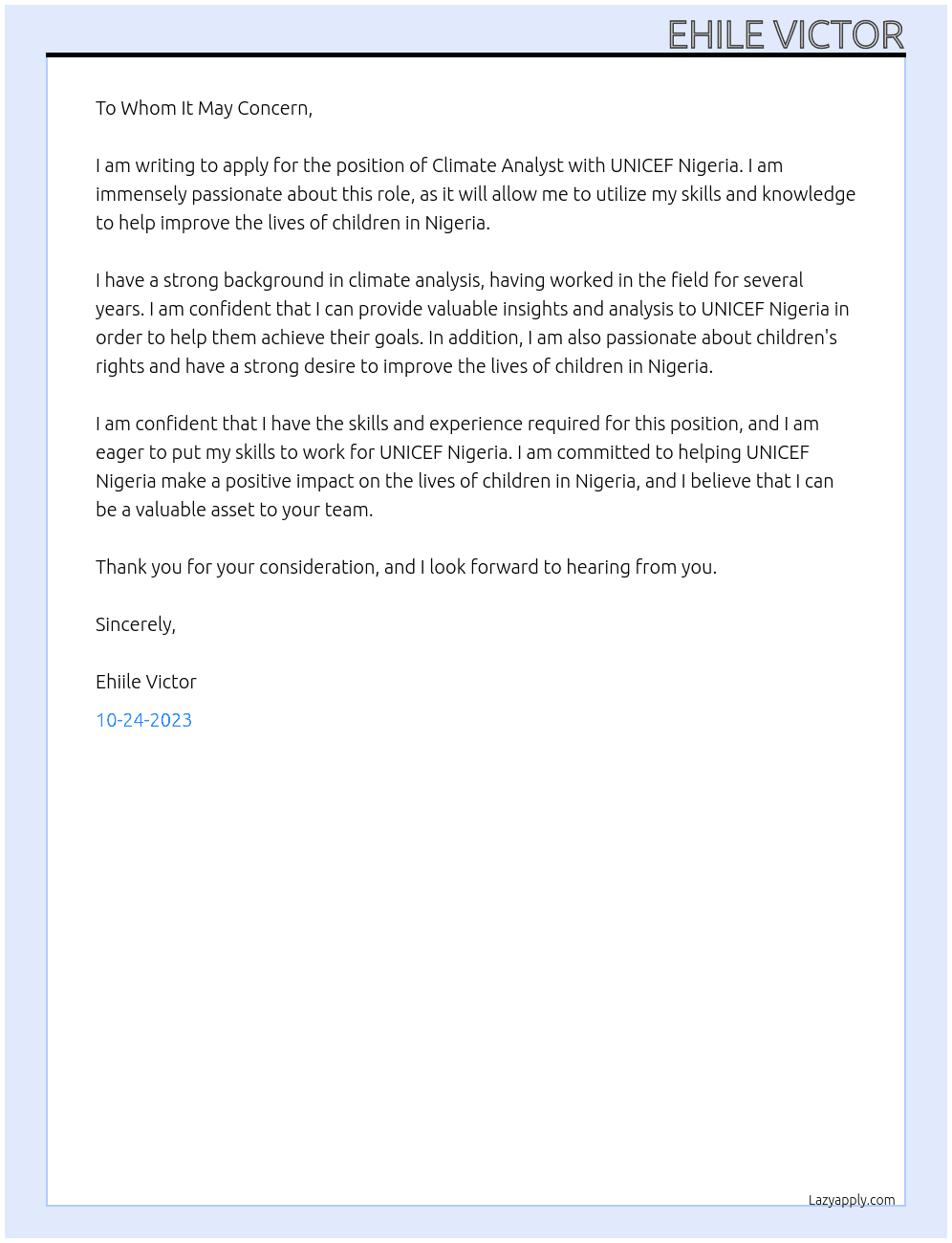 CLIMATE ANALYST  At UNICEF NIGERIA  Cover Letter