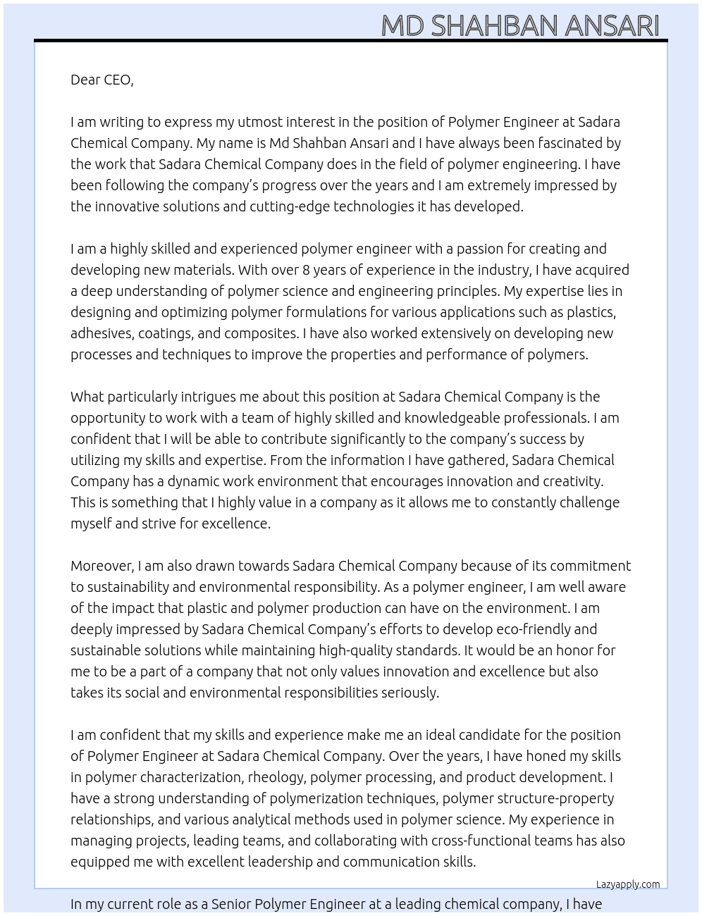 Polymer engineer At Sadara chemical company  Cover Letter