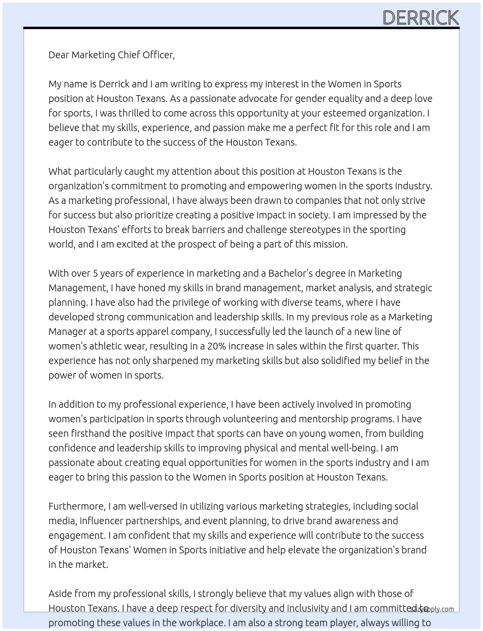 Women in sports At Houston texans Cover Letter