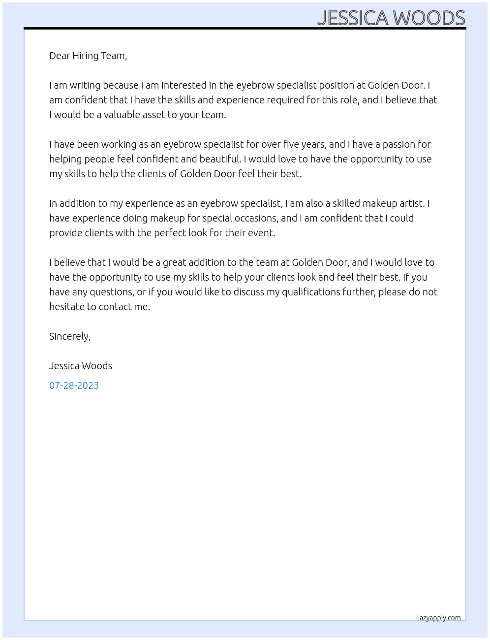 Eyebrow Specialist At Golden Door Cover Letter