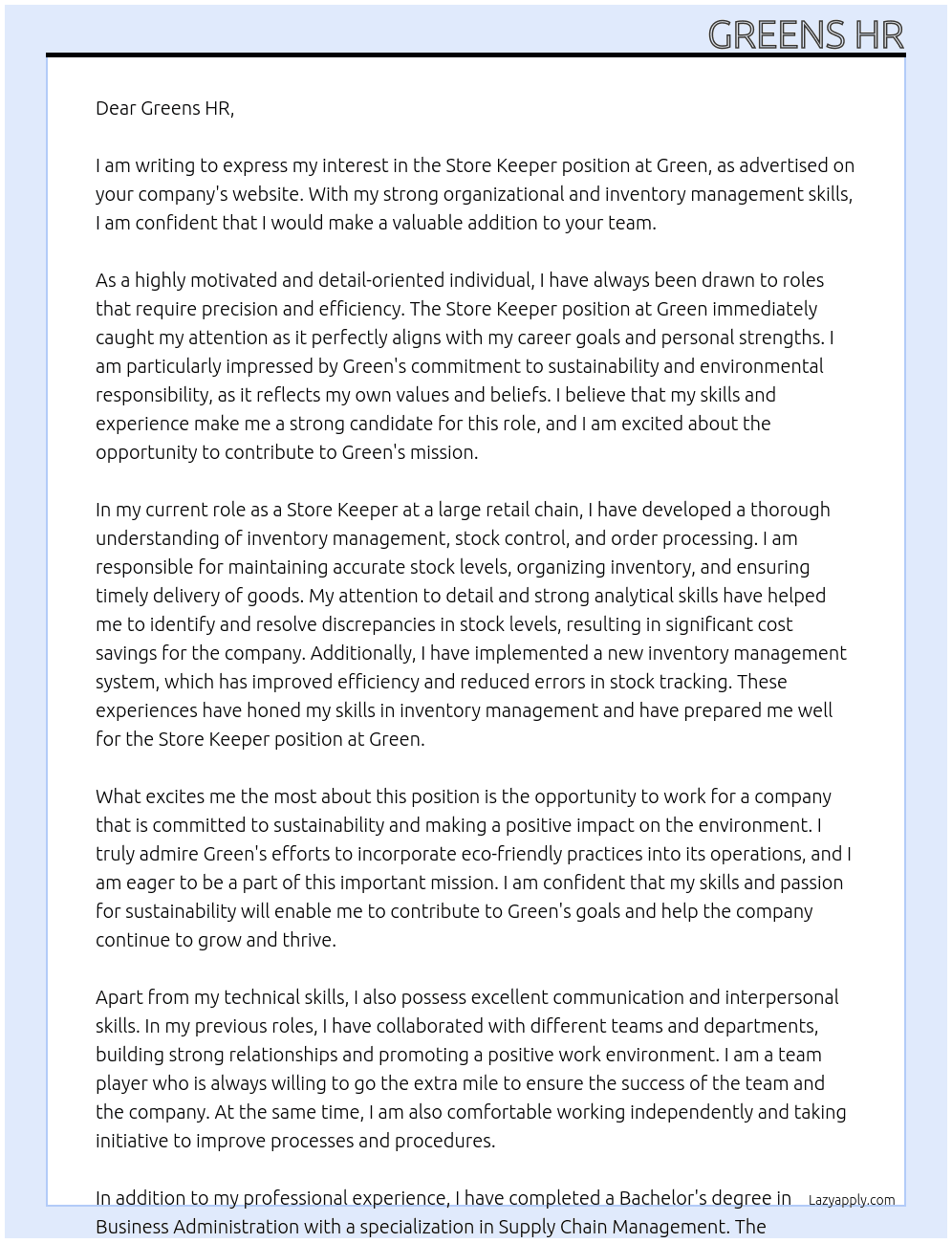 Store keeper At Green  Cover Letter