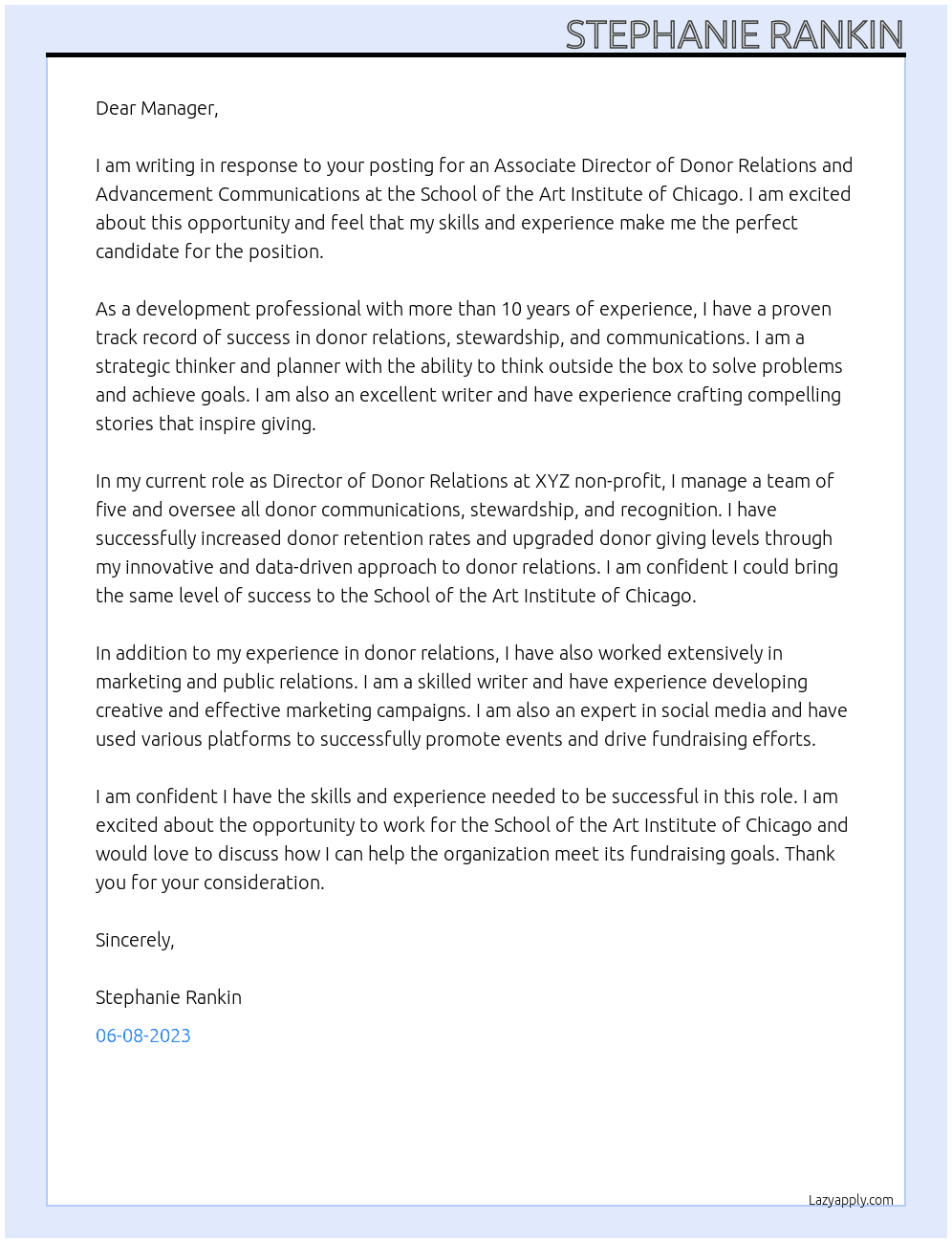 Associate Director, Donor Relations and Advancement Communications At School of the Art Institute of Chicago Cover Letter