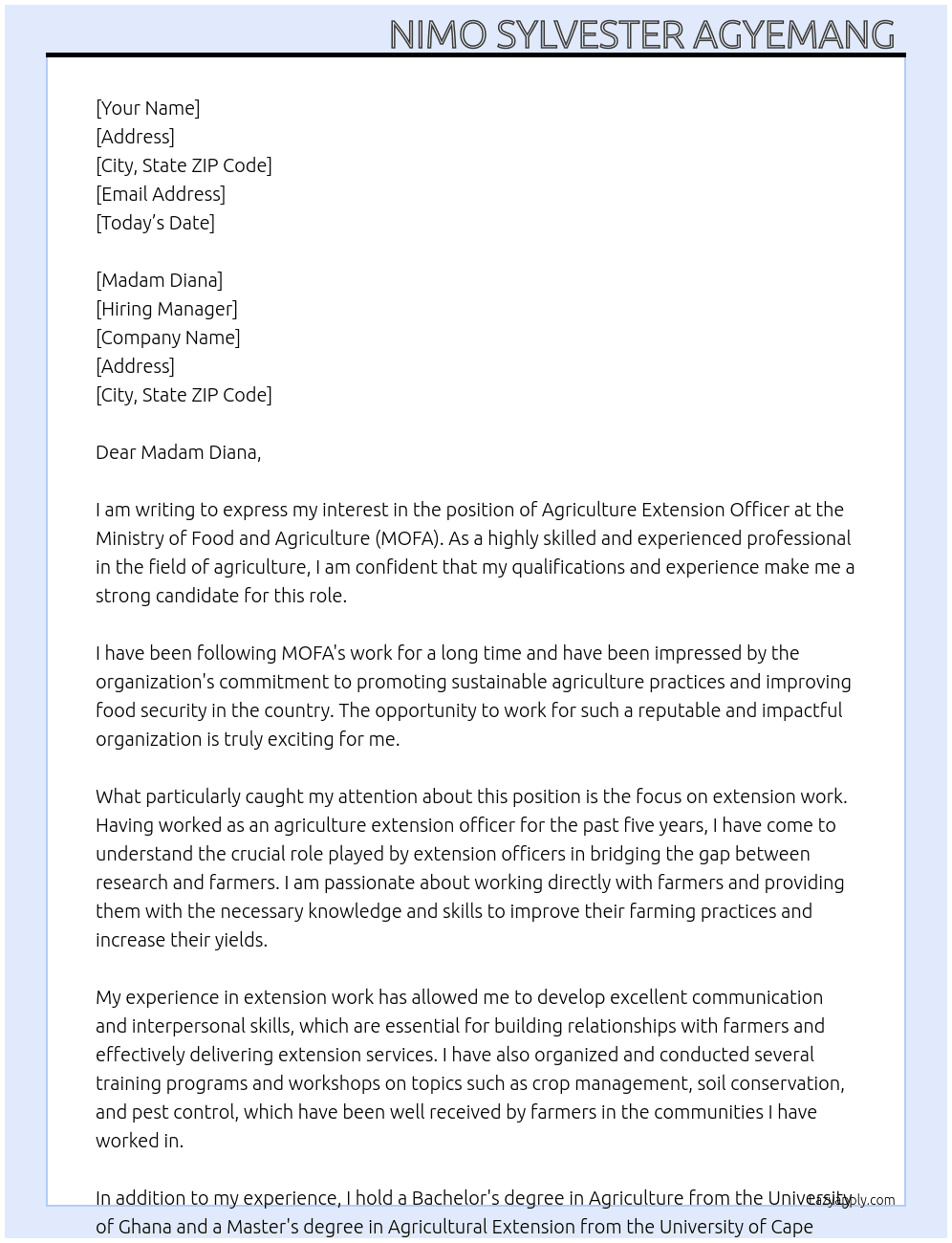 Agriculture extension officer  At Mofa Cover Letter