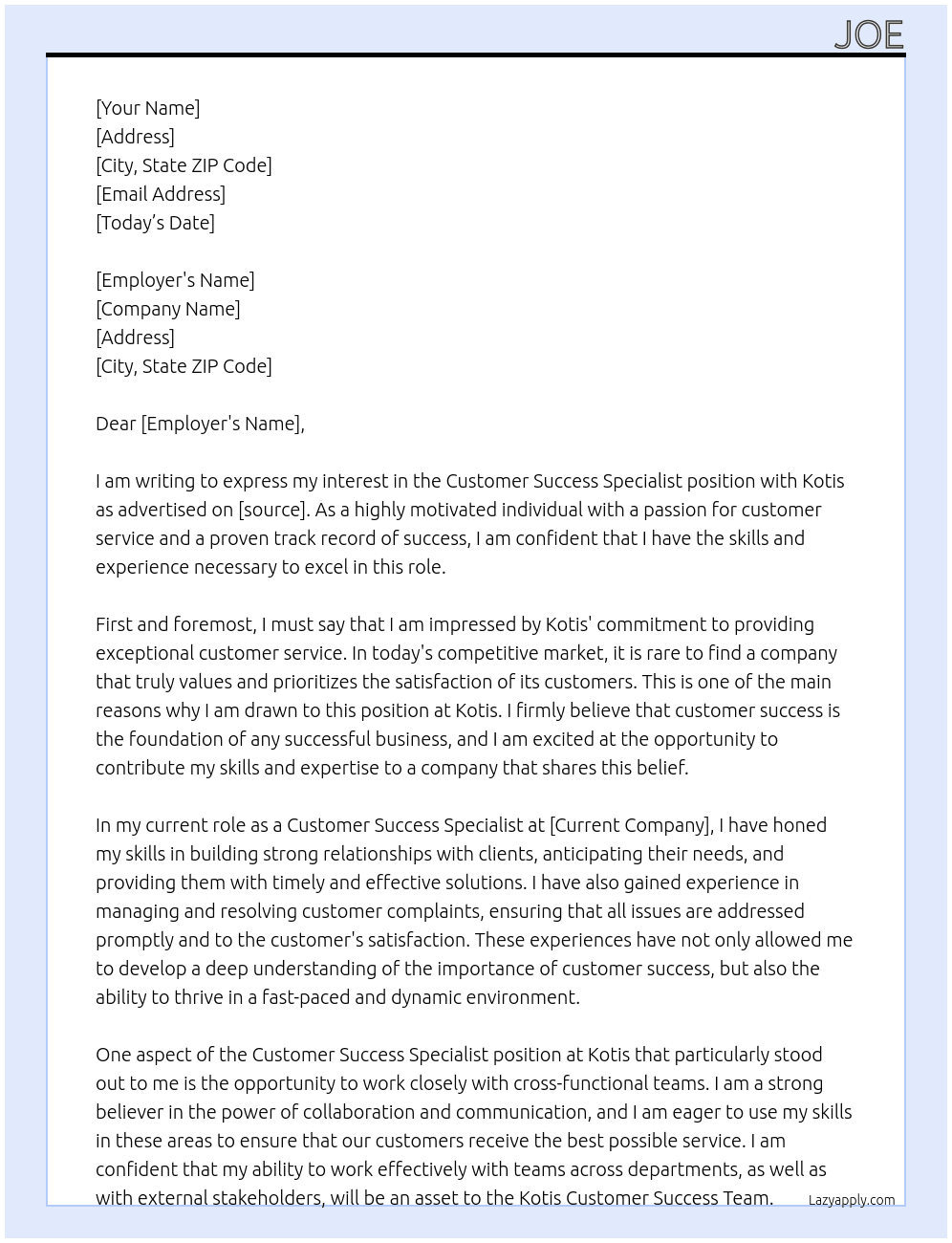 Customer Success Specialist At Kotis Cover Letter