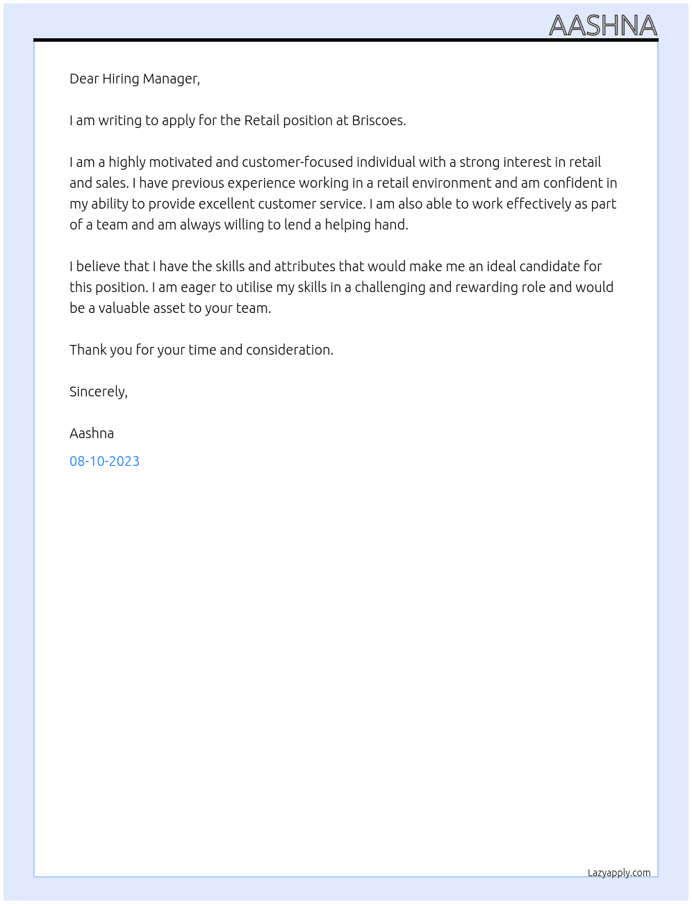 Retail At Briscoes Cover Letter