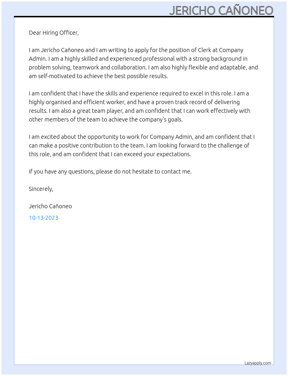 Clerk At Company Admin Cover Letter