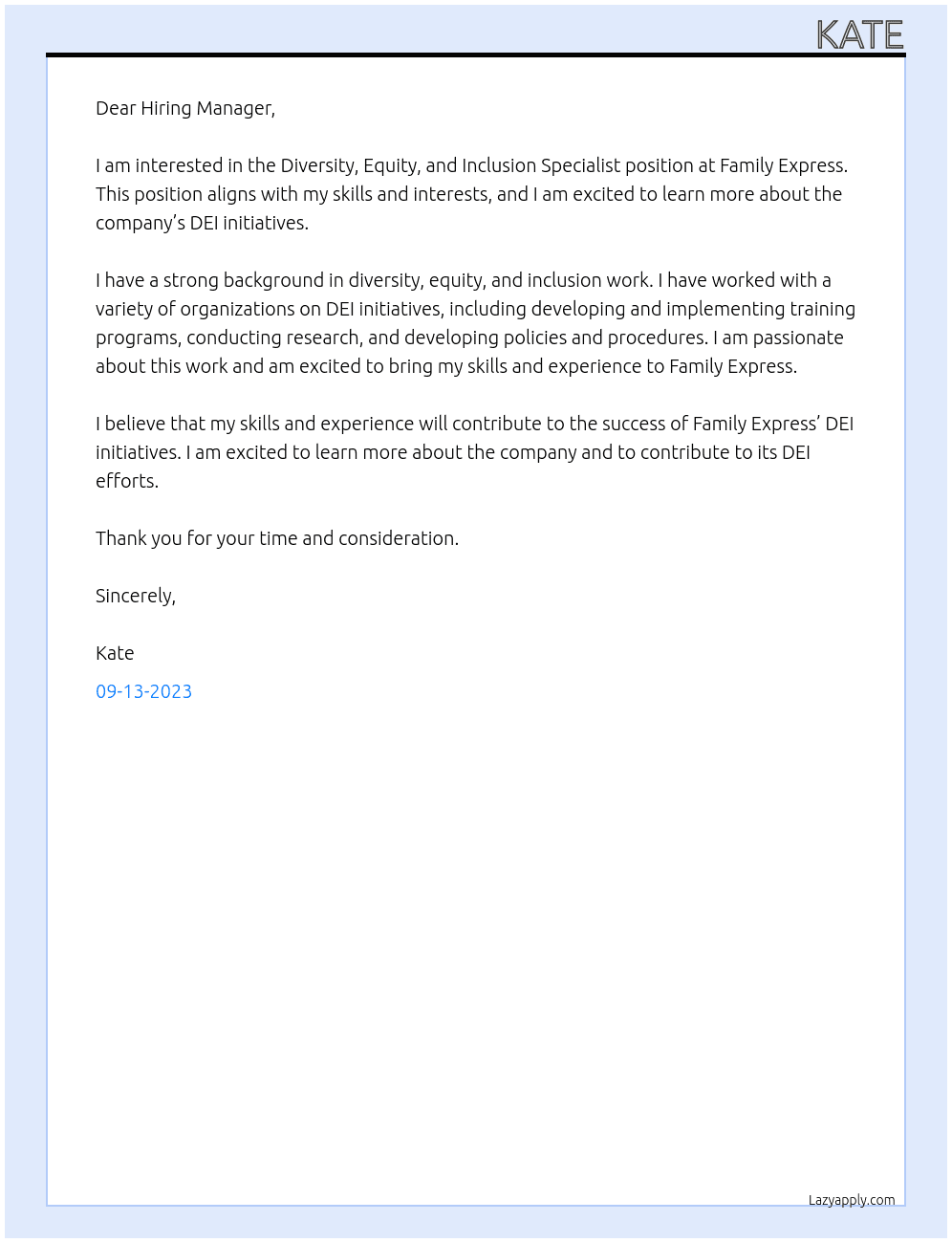 Diversity, Equity, and Inclusion Specialist At Family Express Cover Letter