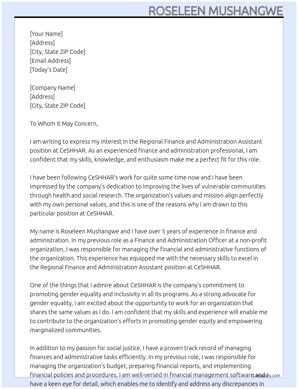 Regional Finance and Administration Assistant At CeSHHAR Cover Letter