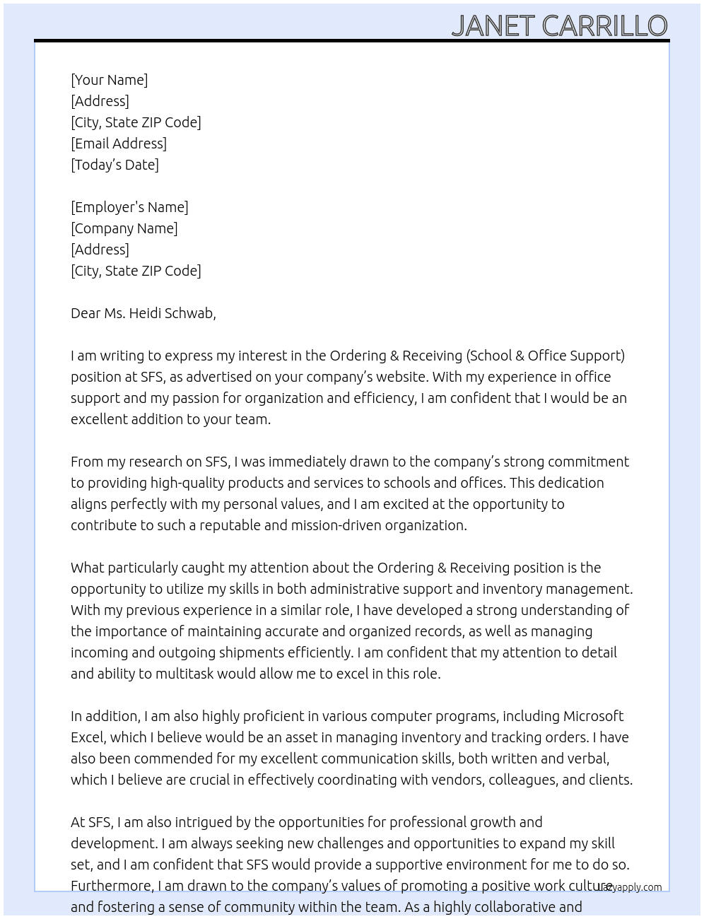 Ordering & Receiving (School & Office Support At SFS Cover Letter