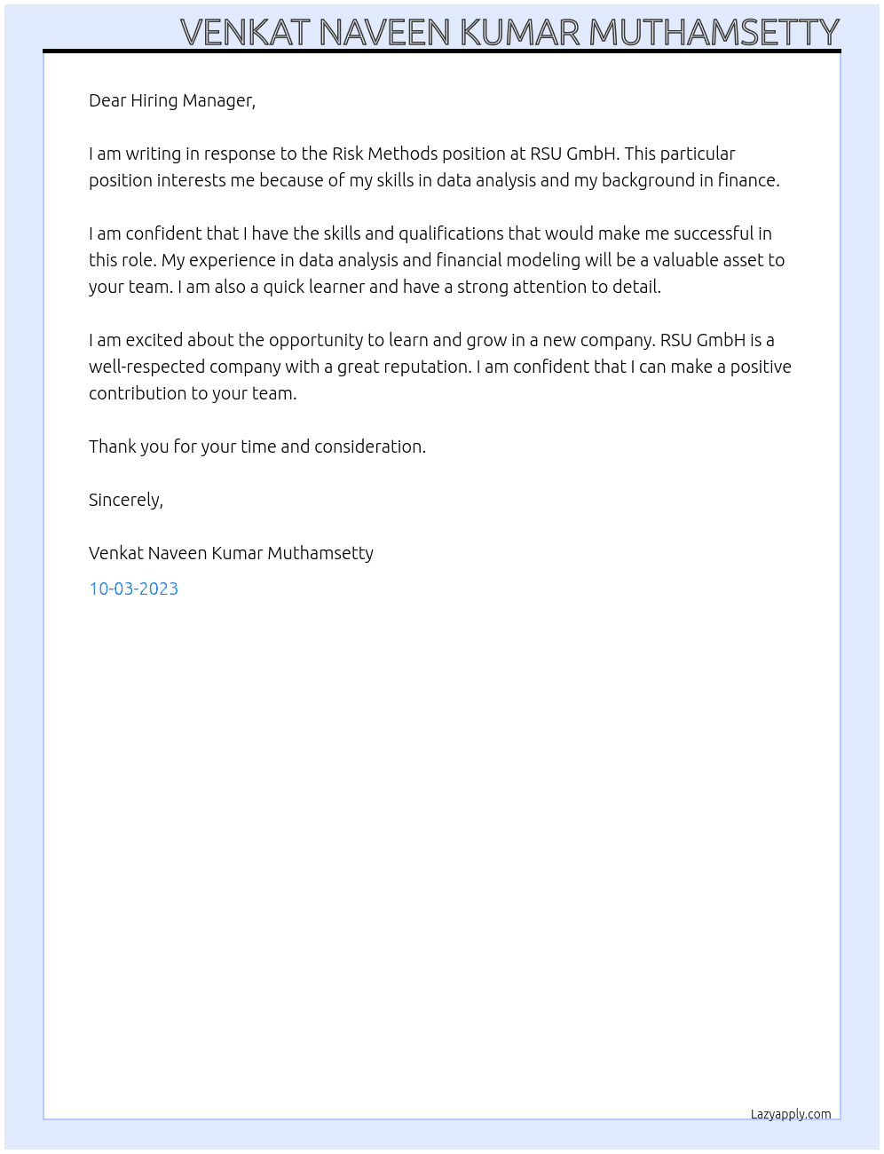 Risk Methods  At RSU GmbH Cover Letter