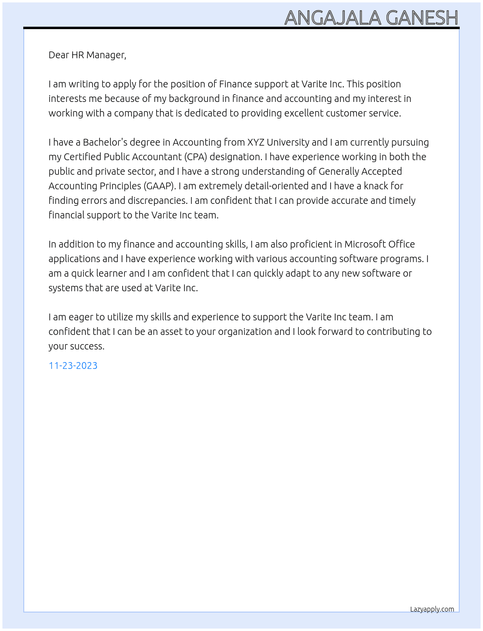 Finance support  At Varite Inc Cover Letter