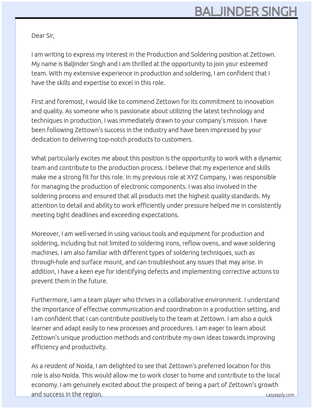 Production And Soldering At Zettown Cover Letter
