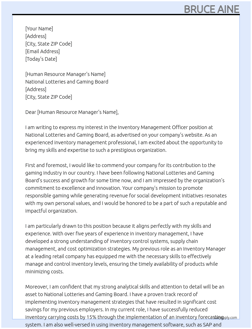 Inventory Management officer At National Lotteries and Gaming Board Cover Letter