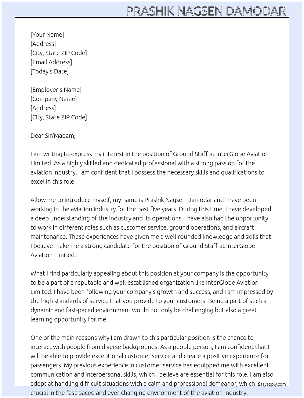 Ground Staff At InterGlobe Aviation Limited  Cover Letter