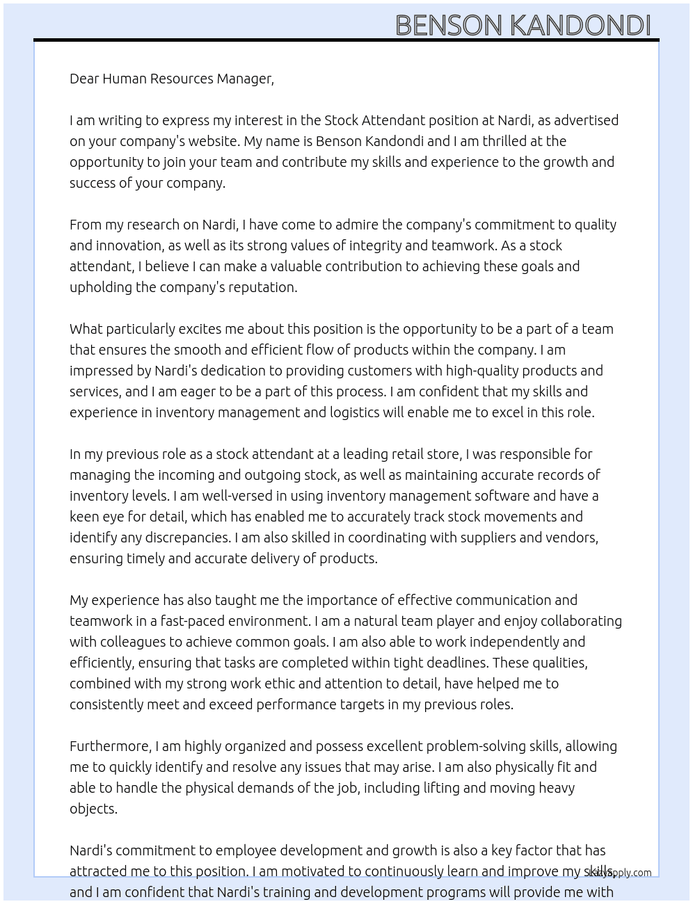 Stock attendant  At Nardi Cover Letter